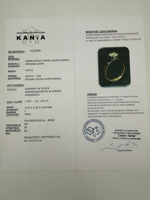 Pierścionek 1,02ct I/VVS2