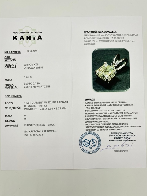 Zawieszka 1,01ct H/IF