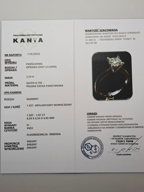 Pierścionek 1,07ct H/VVS1