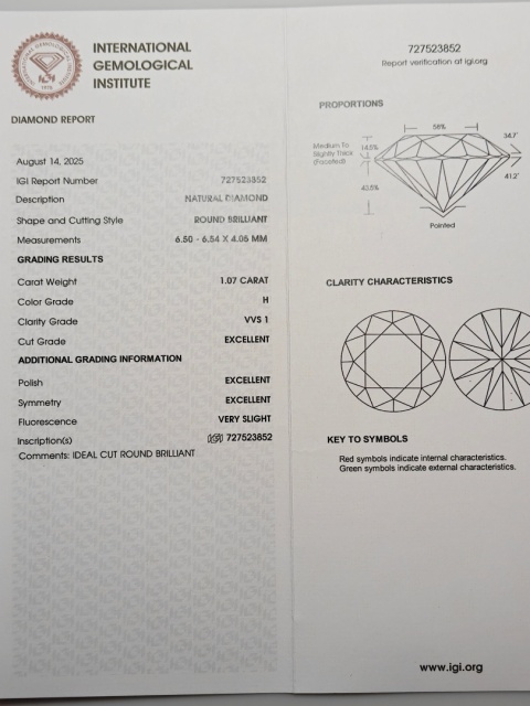 Pierścionek 1,07ct H/VVS1